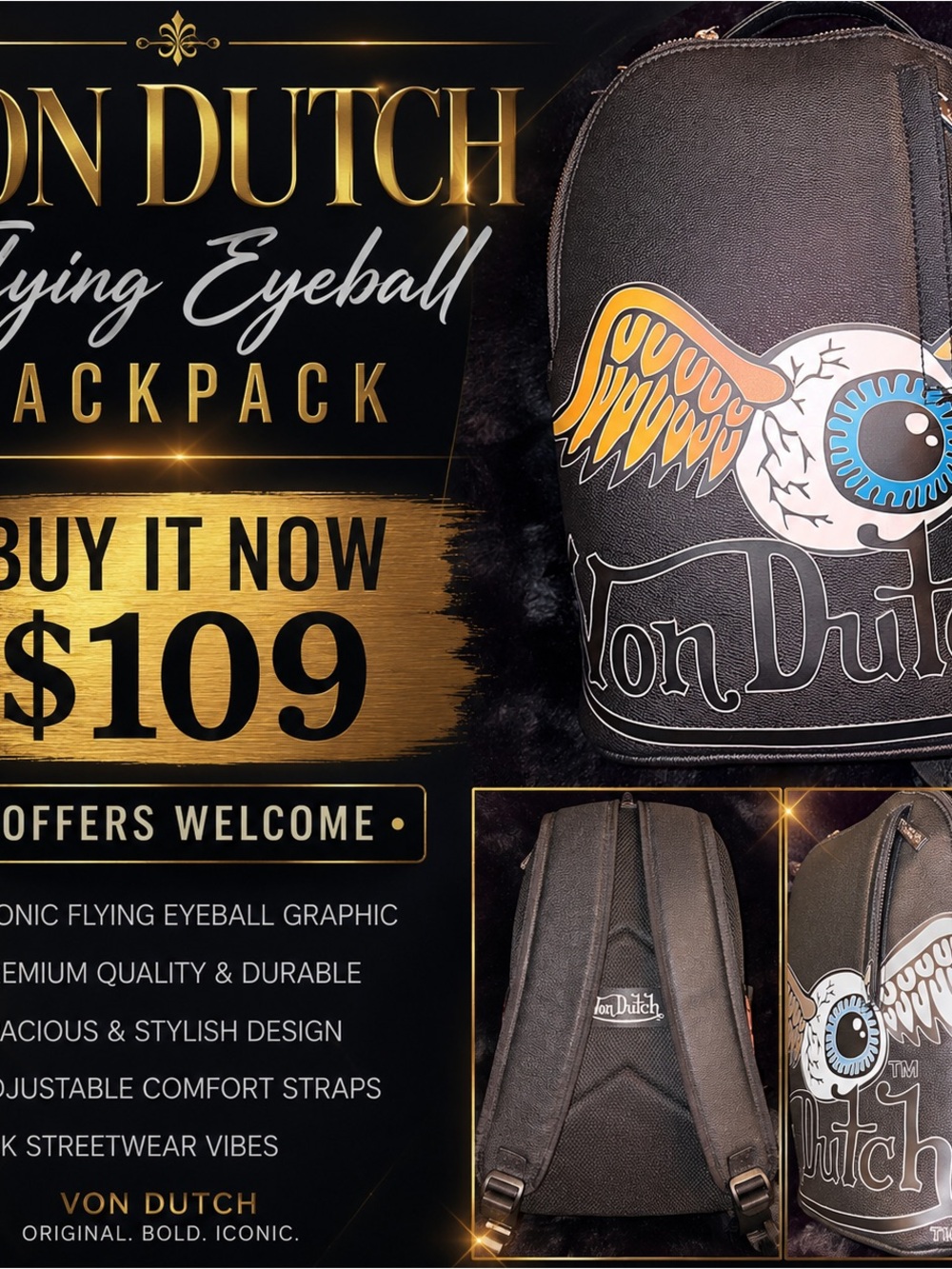 🔥 Von Dutch Flying Eyeball Backpack | Y2K Streetwear | Rare Graphic | Black